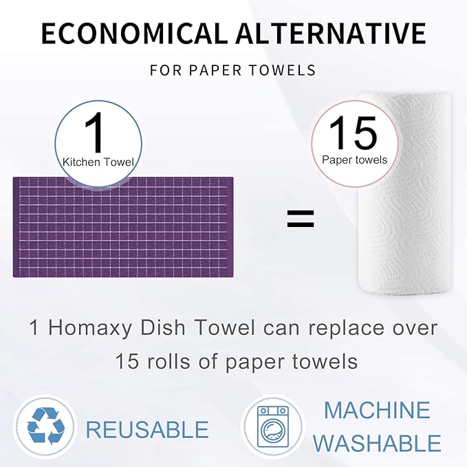 Homaxy 100% Cotton Terry Kitchen Towels(Purple, 13 x 28 inches), Checkered Designed, Soft and Super Absorbent Dish Towels, 12 Pack