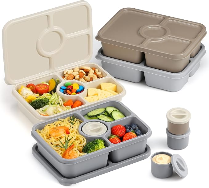 Bento Snack Box Containers, Reusable Meal Prep Lunch Containers for Adults Kids, Stackable Bento Snack Box 4 Pack, Divided Lunchable Food Storage Containers with Sauce Container, Modern Grey