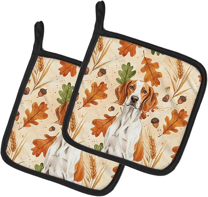 Caroline's Treasures Orange and White Pointer Heirloom Fall Pair of Pot Holders Pair 7.5x7.5 Quilted Insulated Hot Pads Decorative Kitchen Gift Made in USA
