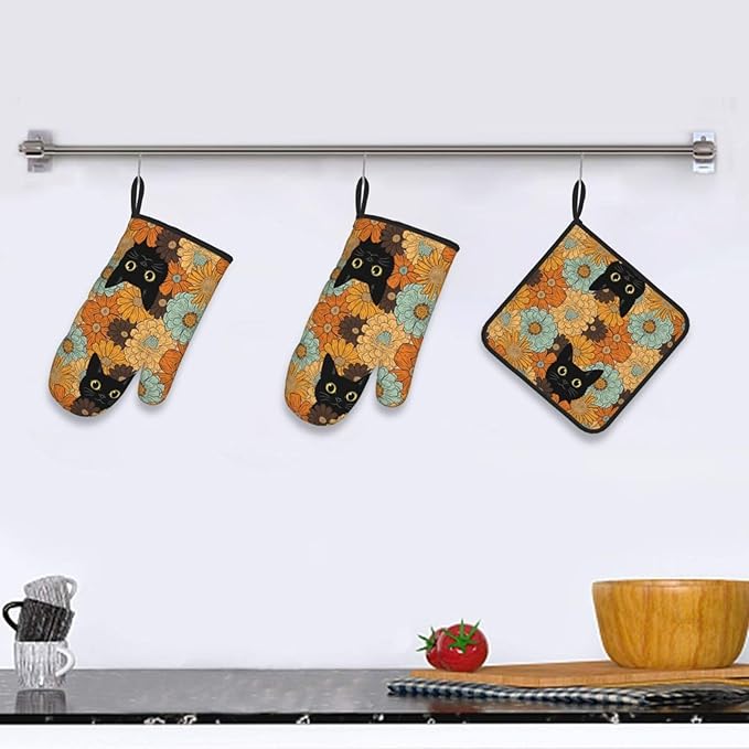 Black Cat Oven Mitts Heat Resistant Set of 3, Retro Orange Floral Oven Gloves and Hot Pads for Cooking Baking Grilling BBQ, Cat Lover Gifts for Women Baker, Cute Kitchen Mitts