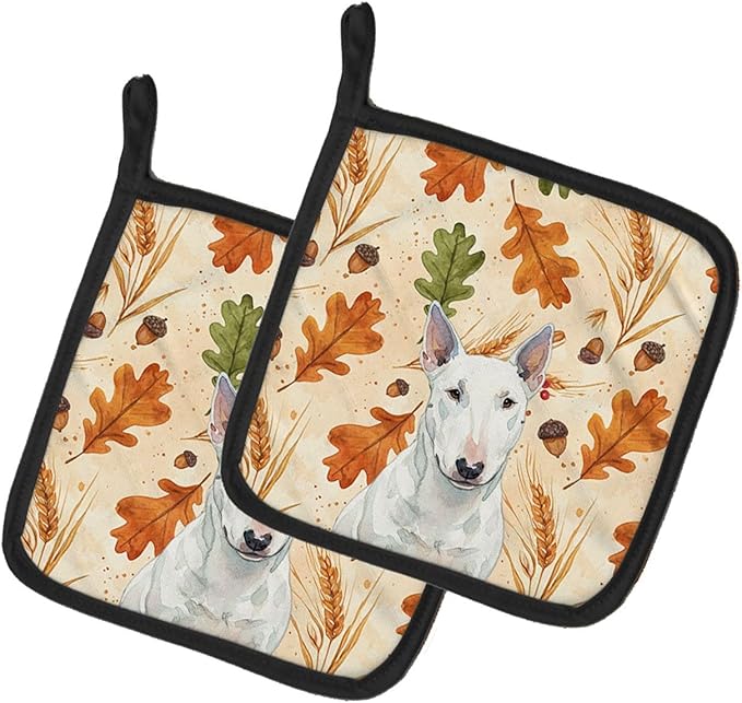Caroline's Treasures White Miniature Bull Terrier Heirloom Fall Pair of Pot Holders Pair 7.5x7.5 Quilted Insulated Hot Pads Decorative Kitchen Gift Made in USA