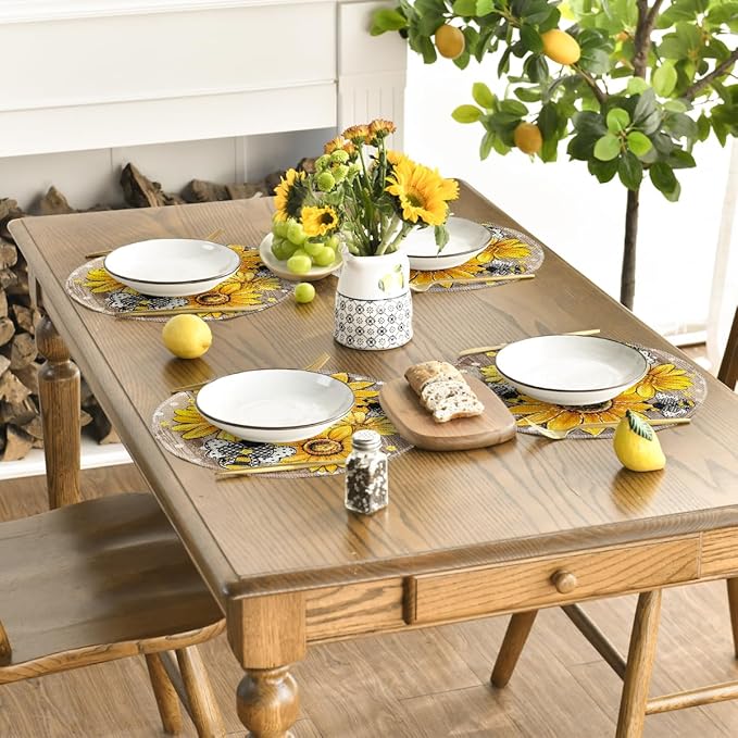 Artoid Mode Wood Sunflower Bee Flower Polka Dot Round Summer Placemats Set of 4, 14 Inch Farmhouse Fall Round Table Mats for Dining Decoration