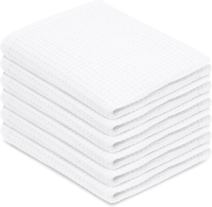 Blue Needles Waffle Weave Kitchen Towels, 15x25 Inches 100% Cotton Set of 6 Dish Towels for Kitchen, Ultra Soft & Absorbent with Hanging Loop, Spring Summer Dish Rags for Quick Drying - White