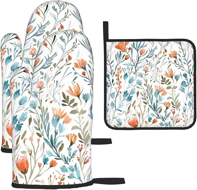 Teal Orange Watercolor Floral Oven Mitts and Pot Holders Sets of 3, Heat Resistant Non-Slip Washable, Chef Cooking Baking Gifts for Women Bakers, Burnt Orange Blue Green Flowers Charming Kitchen Decor