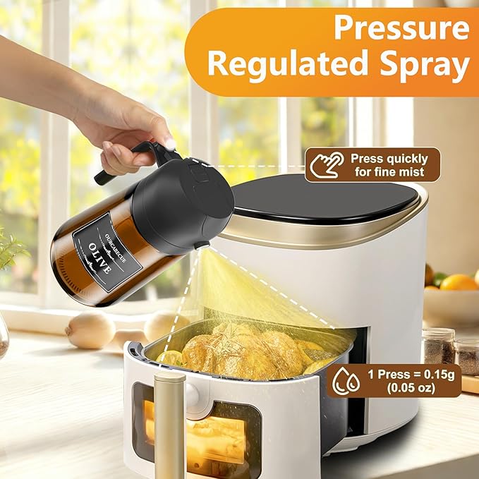 OURCABECUE 2 in 1 Olive Oil Sprayer for Cooking, 16oz/470ml Light-Blocking Dark Olive Oil Dispenser Bottle for Kitchen, Food-Grade Glass Oil Mister with 8 Oil Stickers