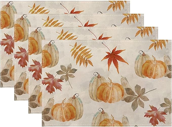 Fall Pumpkin Placemats 12x18 Inch Set of 4, Pumpkin Maple Leaf Watercolor Table Place Mat Autumn Thanksgiving Harvest Washable Table Mats Decorative Linen Fabric Table Mat for Dining Table
