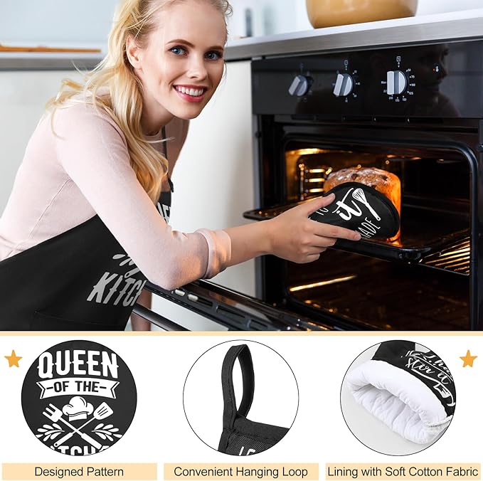 Hoolerry 6 Pcs Kitchen Apron Dish Towels Oven Mitts and Pot Holders Sets with Silicone Spatula for Baking Cooking Lover Engagement Women Men Housewarming Gifts (Black)