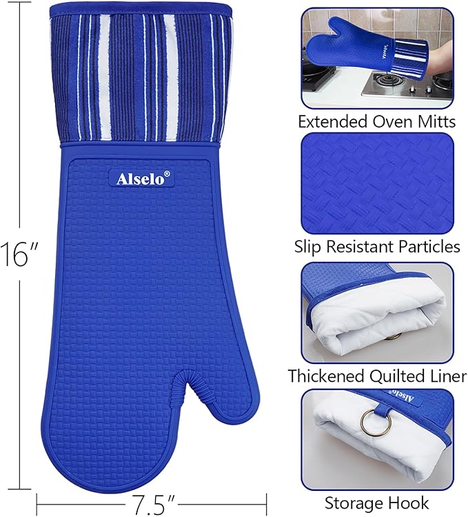 Alselo Oven Mitts Heat Resistant Silicone Kitchen Gloves for 550 Degrees with Waterproof and Non-Silp, Oven Gloves for Baking Cooking Barbecue Microwave Machine Washable (Extra Long Navy, 2)
