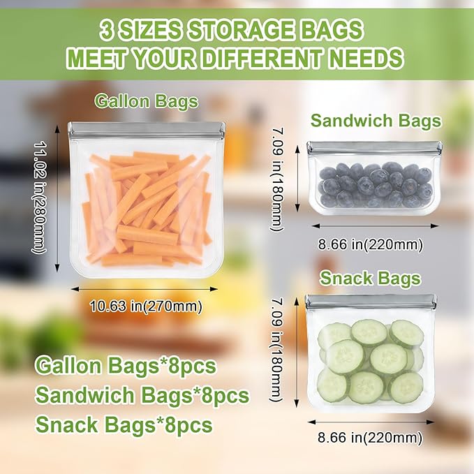 24 Pack Silicone Bags for Food Storage,Freezer,Microwave & Dishwasher Safe,Leakproof Food Storage Bags,Reusable Freezer Ziploc Bags,Sandwich Snack Baggies-8 Gallon 8 Snack 8 Sandwich Bags,3 Colors