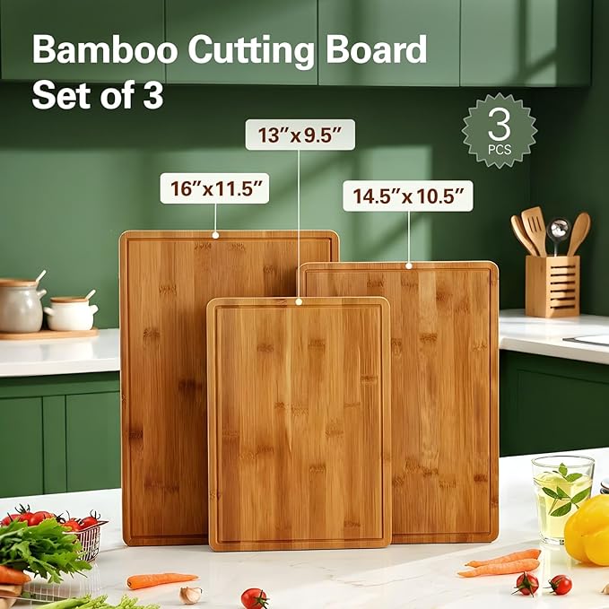 Zarler Bamboo Cutting Boards for Kitchen, Durable Wood Cutting Board with Juice Grooves and Handles, Wooden Chopping Board Set for Meal Prep, 500℉ Carbonized Bamboo, XL Size, Ideal Kitchen Gift