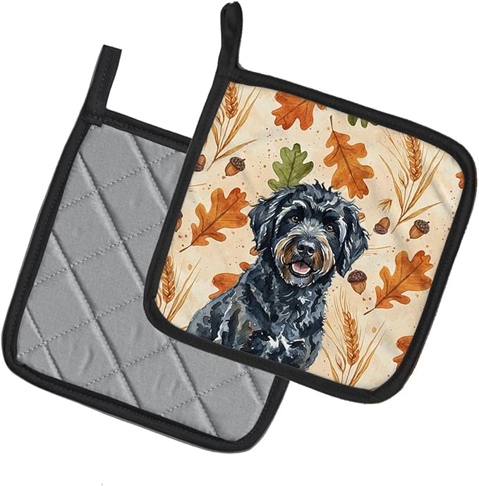 Caroline's Treasures Black Portuguese Water Dog Heirloom Fall Pair of Pot Holders Pair 7.5x7.5 Quilted Insulated Hot Pads Decorative Kitchen Gift Made in USA