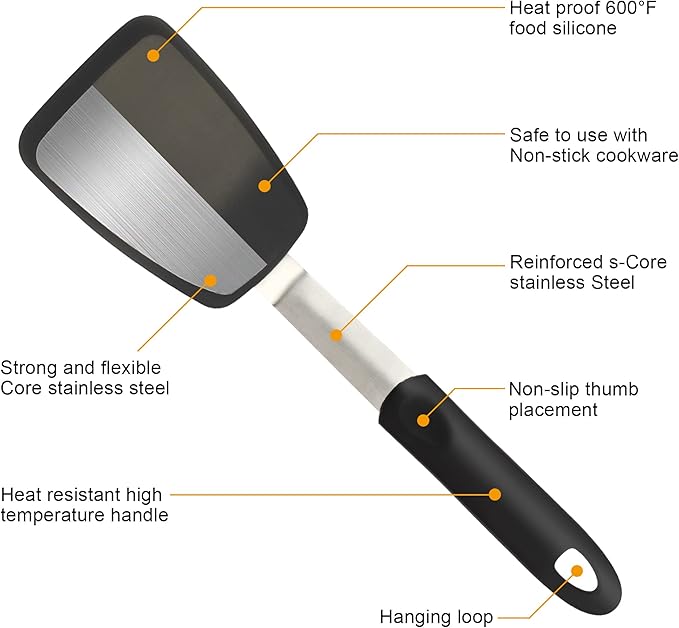 Flexible Silicone Spatula, Turner, Rubber Cookie Spatula for Flipping Eggs, Burgers, Crepes and Fish, Non-Stick & 600F Heat-Resistant, Essential Kitchen Cooking Utensils, Small