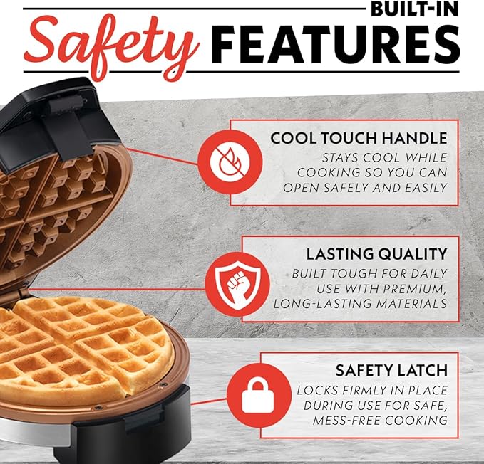Gourmia Belgian Waffle Maker – Compact Design with Upright Storage, Adjustable Browning, and Easy-Clean Nonstick Ceramic Plates, Stainless Steel