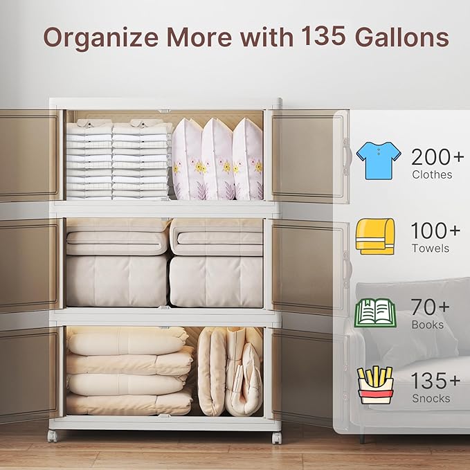 UAMFURI Stackable Storage Bins with Lids, 540QT Closet Organizers, Lockable Storage Cabinet，Foldable Storage Box with Doors and Wheels, Plastic Drawers for Home, Garage, Office (3, White, Extra Large)