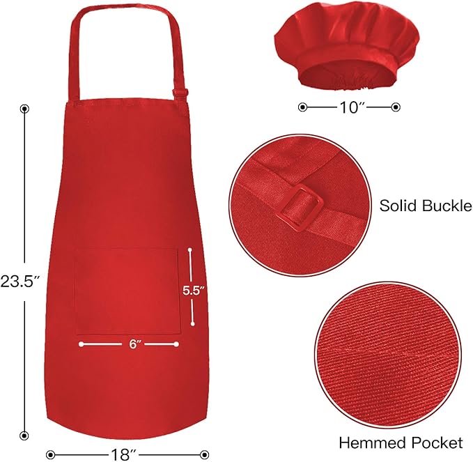 Novelty Place Kid's Apron with Chef Hat Set (3 Set) - Children’s Bib with Pocket Skin-friendly Fabrics - Cooking, Baking, Painting, Training Wear - Kid's Size (6-12 Year, Red)