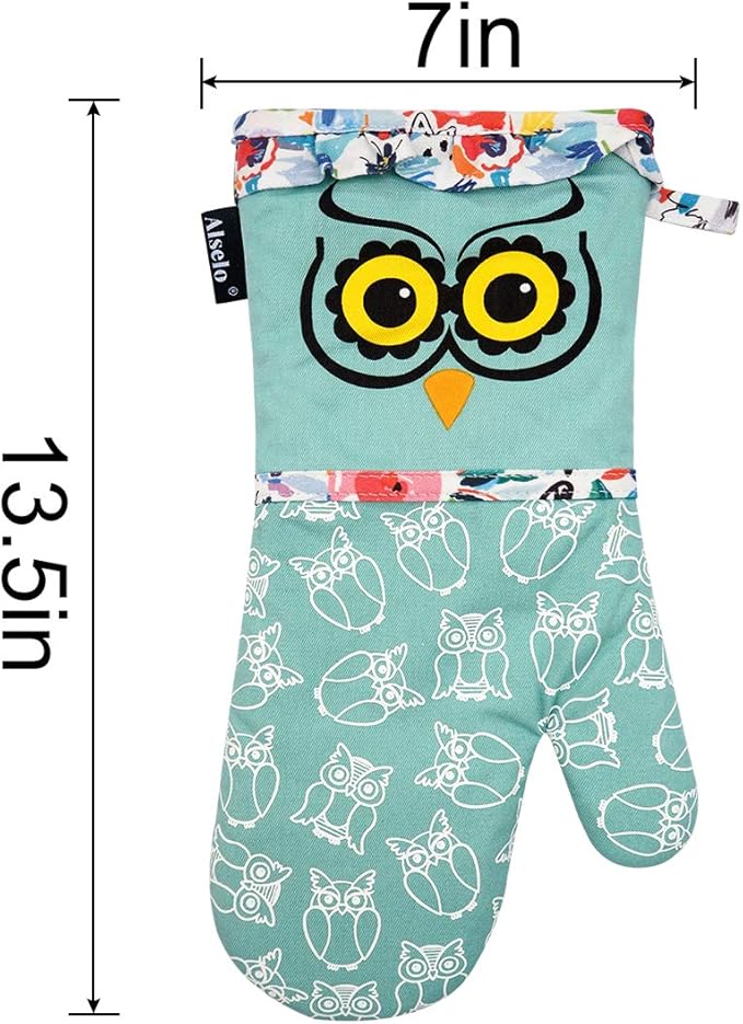 Alselo Oven Mitts, Heat Resistant with Soft Quilted Cotton Lining Set of 2, Fashion Animal Design with Silicone Printing Anti-Slip Kitchen Gloves for Safe Backing Cooking Barbecue (Green 2)