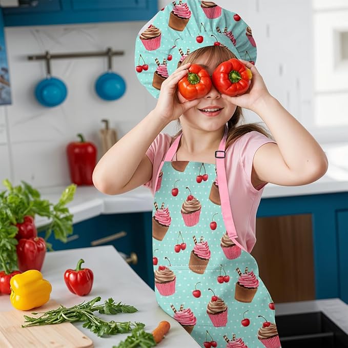 SANDJEST Kids Apron with Chefs Hat Set, Kitchen Apron Gifts