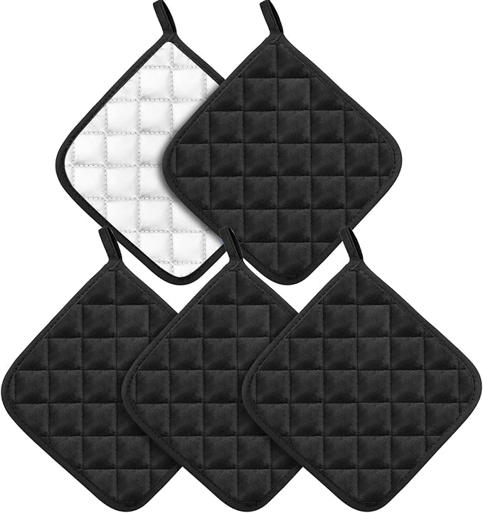 5 Pack Pot Holders for Kitchen Heavy Duty Hot Pads, Hot Pads for Kitchen,8 Inch Square Potholders for Cooking, Baking & Grilling (Black)