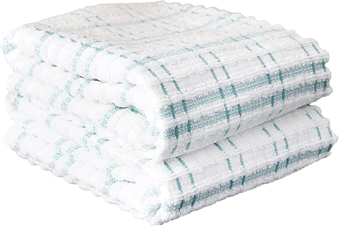 Ritz Royale Collection 100% Combed Terry Cotton, Highly Absorbent, Kitchen Towel Set, 13-3/4" x 12", 4-Pack, Solid & Checked, Dew
