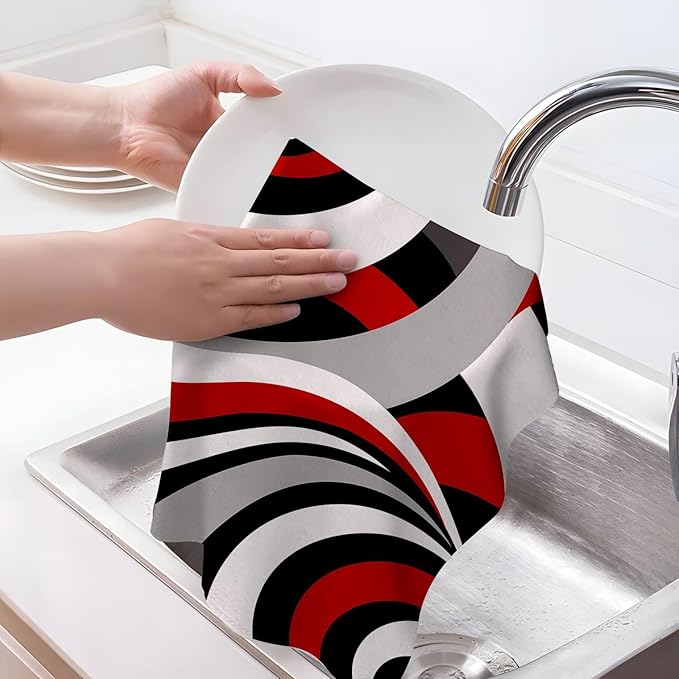Red Black Grey White Kitchen Dish Towels Set of 4, Soft Absorbent Modern Abstract Decorative Tea Towels for Kitchen, Hand Drying Baking Cooking Cloth 16x24 Inch