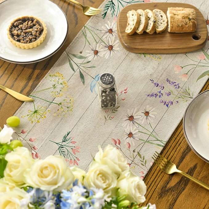 Artoid Mode Wood Flowers Floral Spring Table Runner, Seasonal Summer Kitchen Dining Table Decoration for Home Party Decor 13x72 Inch