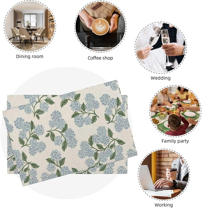 Blue Green Spring Placemats Set of 4 Hydrangea Flower Decor Place Mats 12x18 Inch Vintage Floral Summer Seasonal Decorative Linen Table Mats for Home Kitchen Dining Party Table Decoration