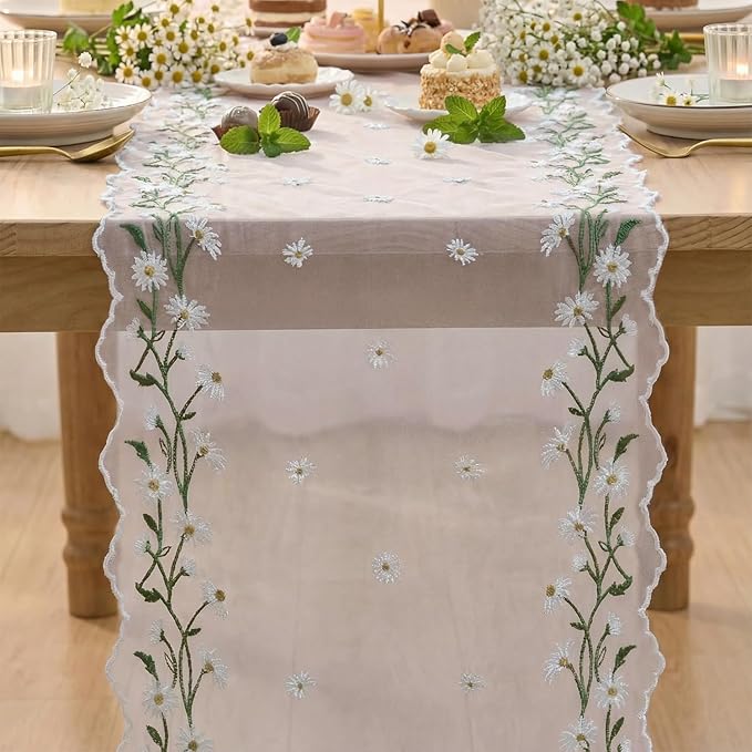 Artoid Mode Daisy Floral Light Pink Shaped Gauze Embroidery Table Runner 120 Inch 10FT, Tulle Spring Summer Kitchen Dining Table Decor for Home Party