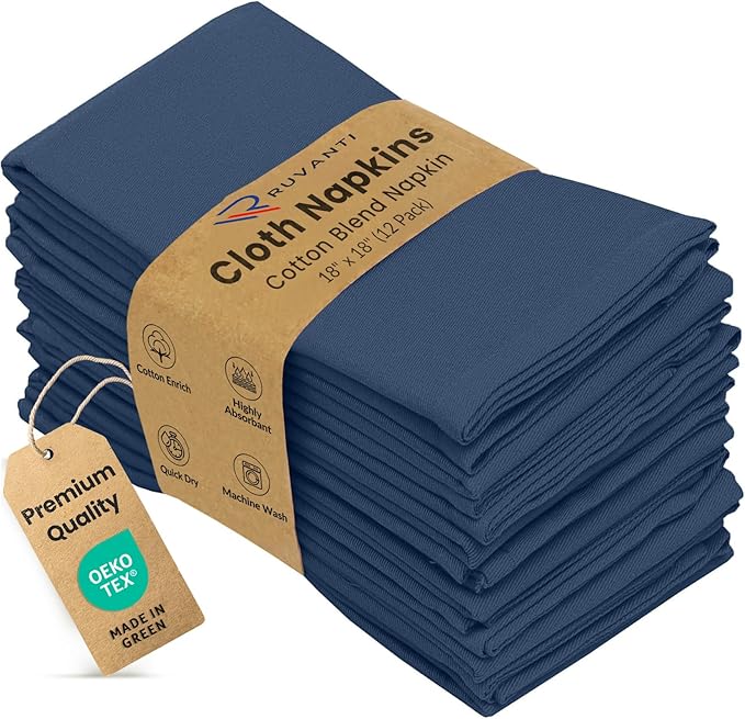 Ruvanti Cloth Napkins Set of 12, 18x18 Inches Napkins Cloth Washable, Soft, Durable, Absorbent, Cotton Blend. Table Dinner Napkins Cloth for Hotel, Lunch, Restaurant, Weddings, Parties -Ocean Blue