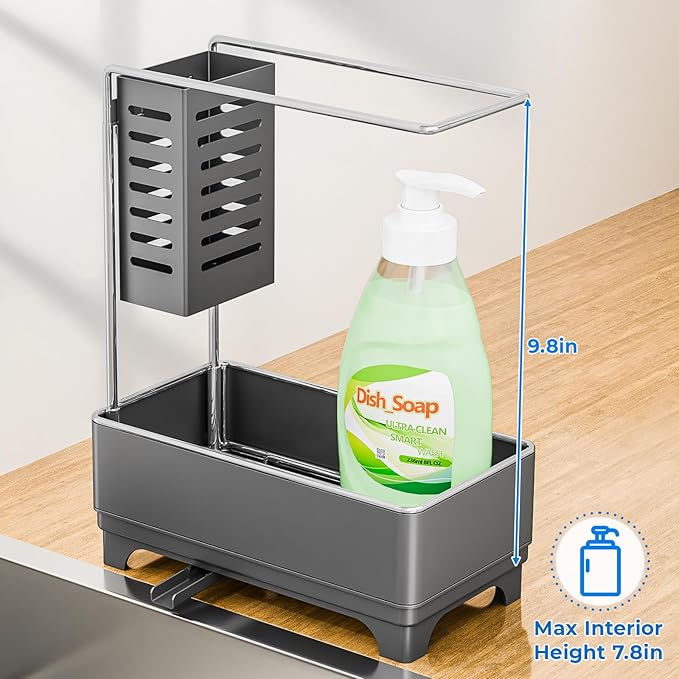 Kitchen Sink Caddy with Stainless Steel Towel Holder, Handy Sponge Holder for Kitchen Sink with Extending Drain Spout, No-Tool Assembly Space Saver for sink Countertop Accessories(Gray)