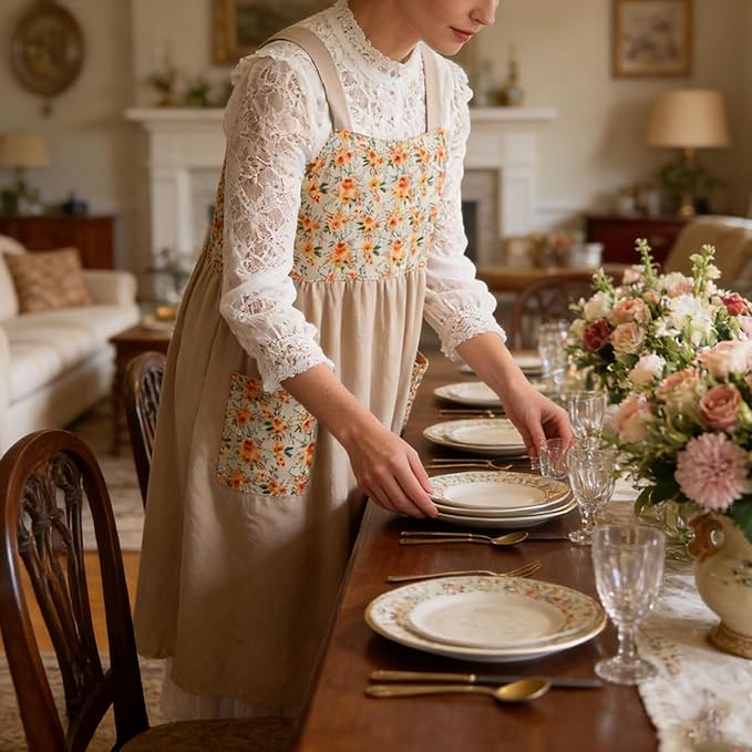 Uaussi Cotton Linen Apron Cross Back Work Apron for Women with Pockets Pinafore Dress X Cross Halter Apron for Chef Gardening