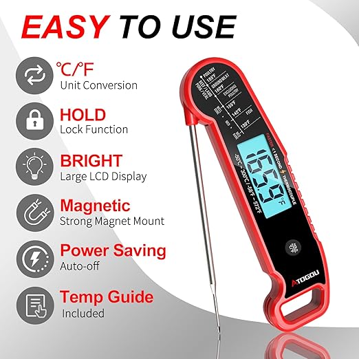 Atogou Meat Thermometer, Professional Food Thermometer, <1 Sec Instant Read, ±0.5℉ Accuracy, Thermocouple Sensor, Waterproof Digital Thermometer for Cooking, BBQ, Grill, Him Dad Birthday Gifts, Red