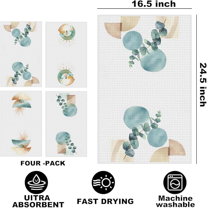 4 Pcs Boho Kitchen Towels, Home Decor Soft Absorbent Boho Hand Towel, Microfiber Dish Cloths for Drying Dishes, Waffle Dish Towels for Kitchen Bathroom, Housewarming Gifts for Women