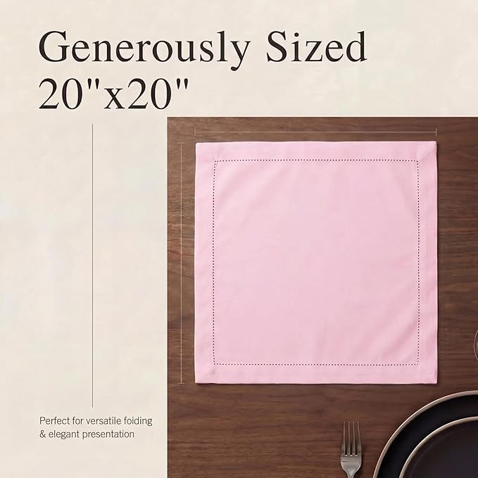 Urban Villa Pink Cloth Napkins Set of 12 | 20x20 100% Cotton | Hemstitch Dinner Napkins for Weddings, Parties & Easter