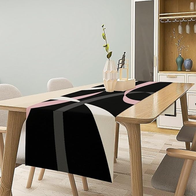 Abstract Pink Table Runner Grey and White Striped Black Background Modern Geometric Kitchen Dinner Runner for Indoor Home Living Room Party Dining Table Decoration 13"x120"