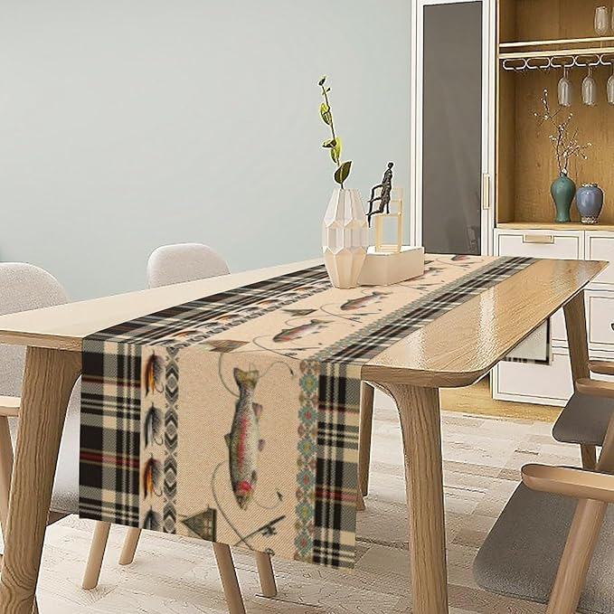 Fishing Table Runner Vintage Rustic Cabin Rods Lure Southwestern Check Art Printed Dinner Runner for Home Kitchen Dining Table Decor Fabric 1 Panel W13xL36in