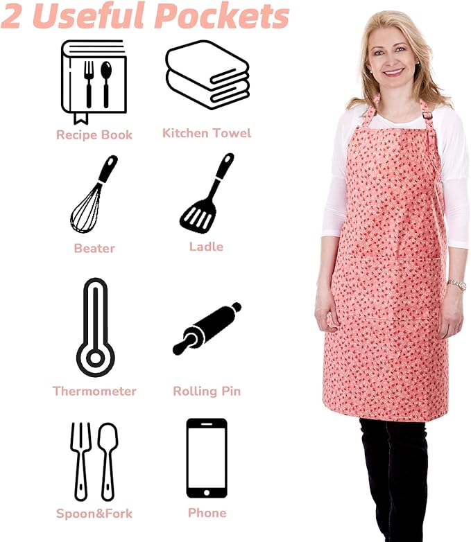 Aprons for Women with 2 Pockets, Adjustable Floral Cotton Kitchen Apron for Cooking Baking,Chef Apron, Artist or Garden Apron (Pink Floral)