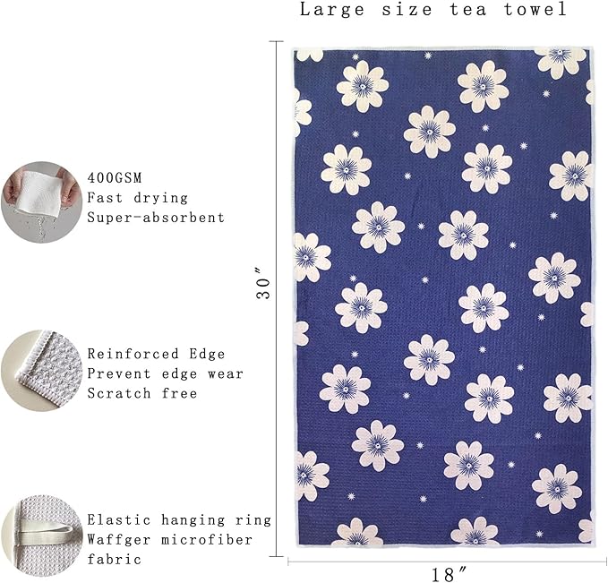 18” x 30” Highly Absorbent Kitchen Towels, Quick Dry Microfiber Tea Towel, Dish Towels for Kitchen Drying, Ultra Soft Premium Hand Towels (Dark Blue Flowers)
