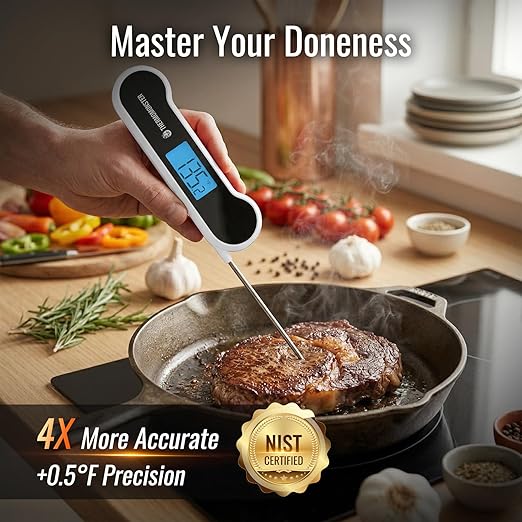 0.5 Sec Instant Read Meat Thermometer Digital with ±0.5℉ Precision, Food Thermometer for Cooking Kitchen Gadgets, Oven Grill Candy BBQ Essentials Accessories, Gifts for Him Dad Men Birthday, White