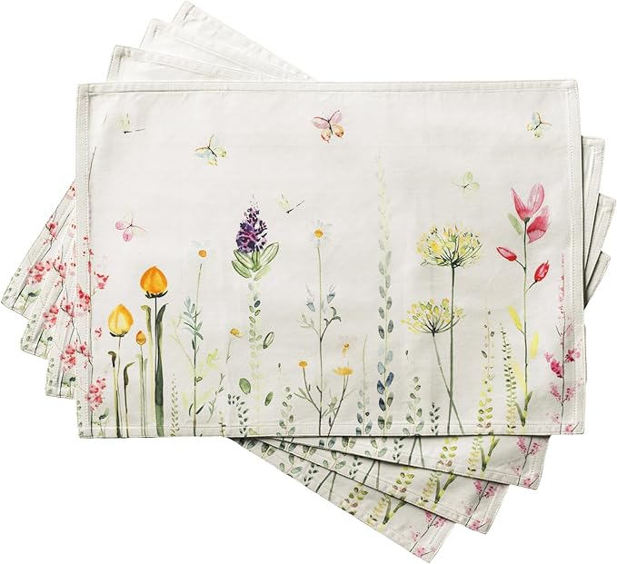 Maison d' Hermine Placemats Set of 4 100% Cotton Washable Cloth Place Mats Reusable Table Mats for Kitchen Dining Party Wedding Gifts for Mothers Day Spring/Summer (Botanical Fresh, 13" x 19")