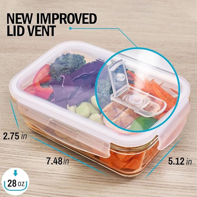 Igluu Meal Prep Glass Containers with Air Vent Lids (5 Pack+Extra Lid) – Airtight & BPA-Free – Oven, Microwave, Freezer and Dishwasher Safe – 28oz – Durable Borosilicate Glass