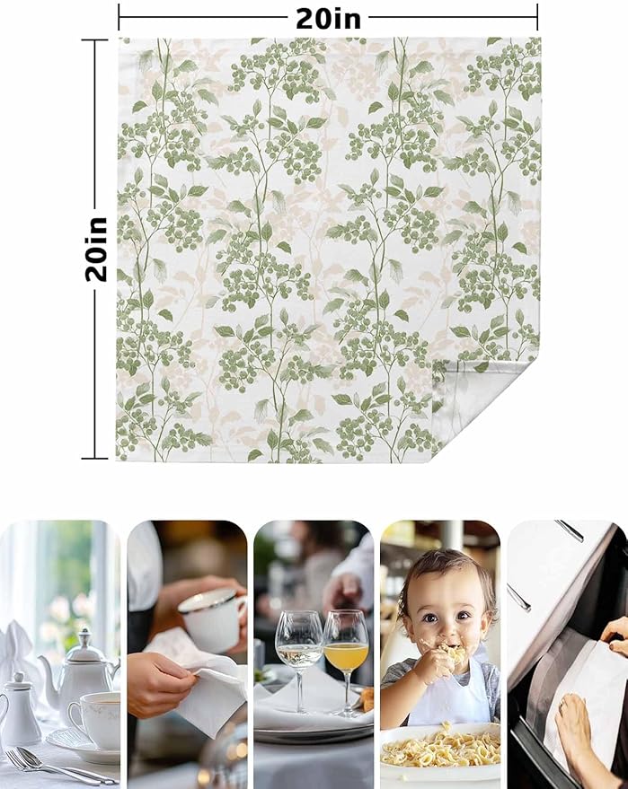 Sage Green Leaves Cloth Napkins Set of 6 - Washable Dinner Napkins Reusable Table Napkins for Home Party Weeding Dining Table Setting Decoration,Oversized 20"x20" Wildflower Herbs Floral Spring Summer