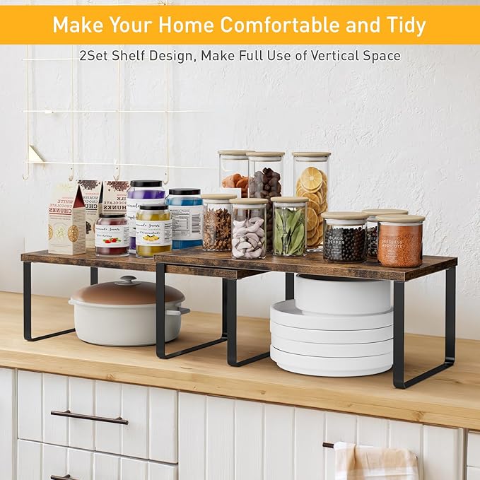 OGEMXU Cabinet Shelf Organizers, 15.7 inches Large Kitchen Counter Shelf, Set of 2 Wood Kitchen Pantry Organizer, Storage Shelves for Countertop, Spice Rack, Stackable, Expandable, Metal Black, Brown