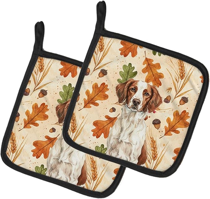 Caroline's Treasures Liver and White Brittany Heirloom Fall Pair of Pot Holders Pair 7.5x7.5 Quilted Insulated Hot Pads Decorative Kitchen Gift Made in USA