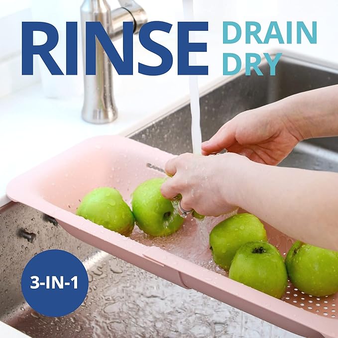 BLUE GINKGO Over the Sink Colander Strainer Basket - Wash Vegetables and Fruits, Drain Cooked Pasta and Dry Dishes - Extendable - New Home Kitchen Essentials (Pink, 1 Pack)