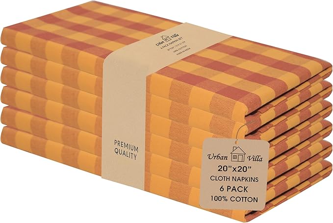Urban Villa Cotton Dinner Napkins Set of 6, Highly Absorbent 20x20 Inches Premium Cloth Napkins Hotel Quality Reusable & Washable Table Dinner Napkins for Home & Weddings - Brick/Gold