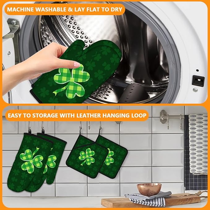Green Clover Oven Mitts and Pot Holders Sets 4Pcs,Extra Long Oven Gloves Potholder for Kitchen Cooking Baking BBQ 100% Cotton Heat Resistant(St. Patrick's Day)