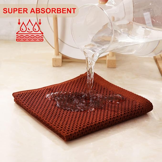 Kitinjoy 100% Cotton Kitchen Dish Cloths (12 X 12 Inches, Rust), 8 Pack Waffle Weave Ultra Soft Absorbent Dish Towels for Drying Dishes Quick Drying Kitchen Towels Dish Rags