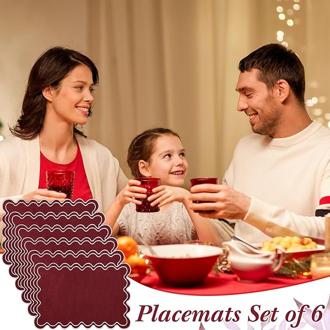 HunnmingRe Set of 6 Cotton Linen Placemats, 13x19 Inch Scalloped Wavy Embroidery Placemat Double Layered Washable Rustic Rectangle Dinner Table Mats for Wedding Home Decor(Burgundy with White)