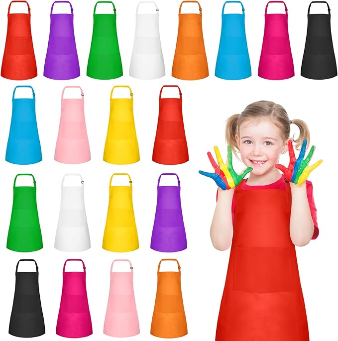 PLULON 20 Pcs Kids Aprons with 2 Pockets Painting Aprons for Kids Aprons Bulk, Paint Apron Adjustable Children Chef Aprons for Girls Boys Painting Baking Cooking Crafting - Multicolor