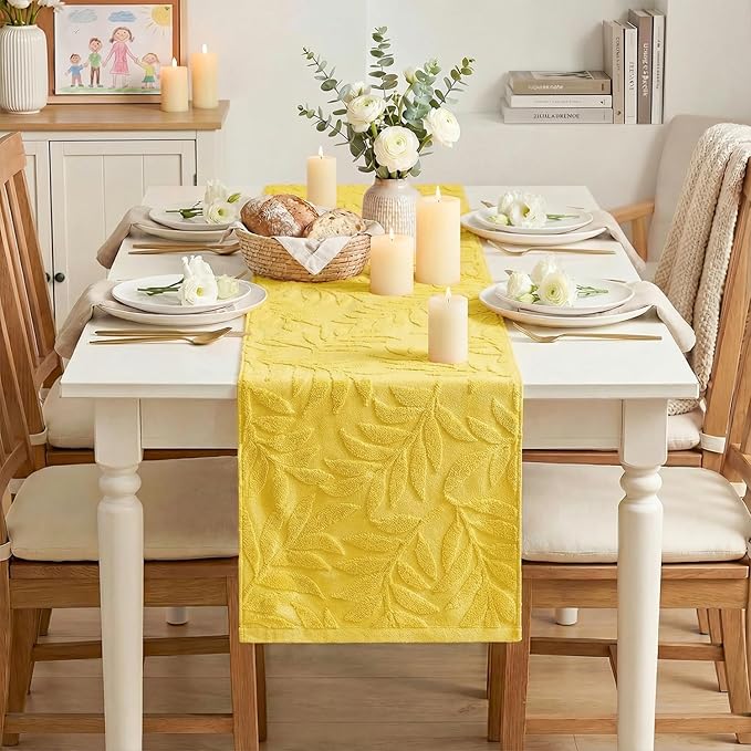 Artoid Mode Yellow Soft Cotton Jacquard Leaves Spring Table Runner, Holiday Kitchen Dining Table Decoration for Home Party Decor 13x72 Inch